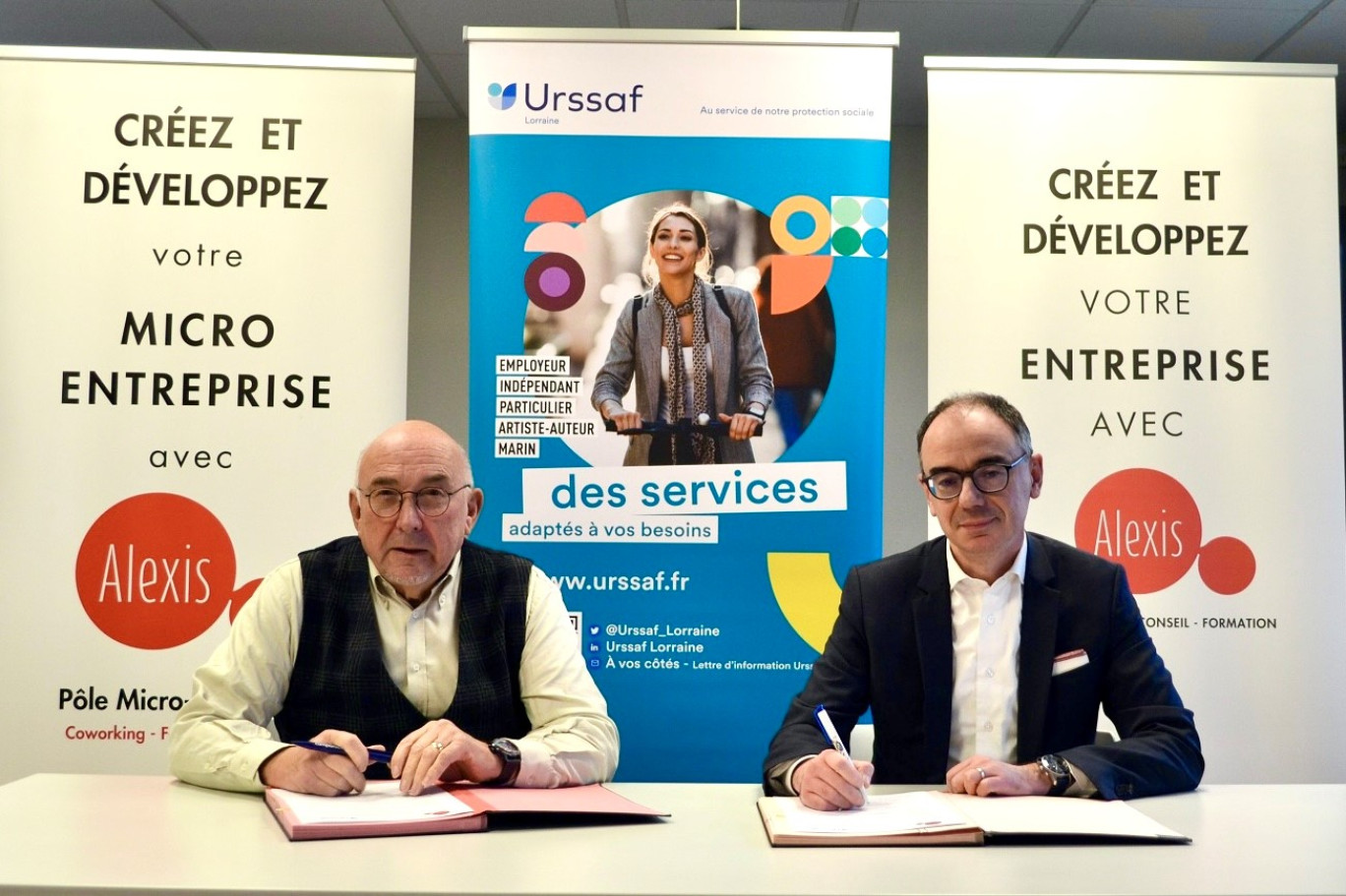 Jacques Bachmann, président d’Alexis, et Christophe Franceschi, directeur Urssaf Lorraine, à la signature du partenariat. © : Urssaf Lorraine.